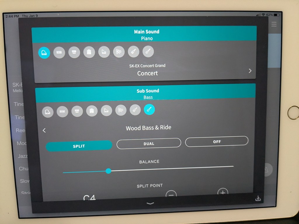Instrument sound split function in Piano Remote app
