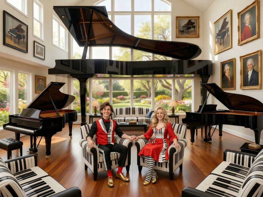 Kevin & Katie inside home sitting down in piano music room 