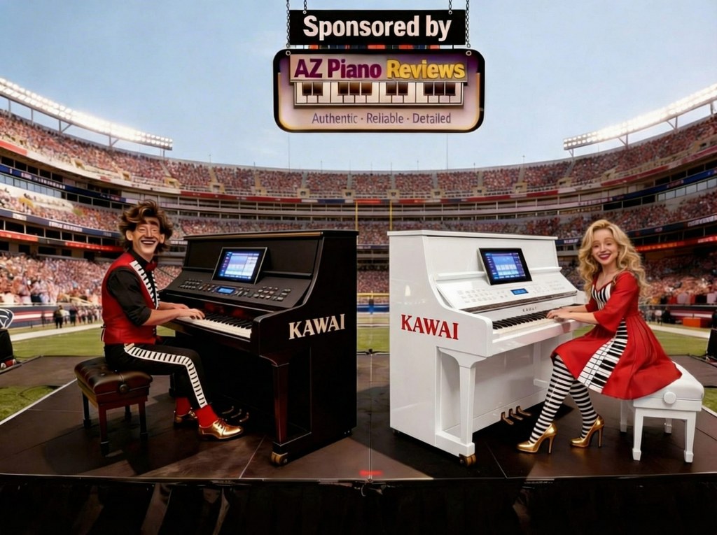Playing black & white Kawai pianos at pro football game half-time