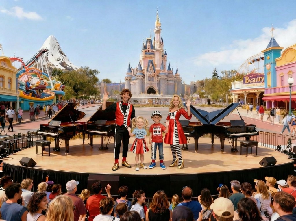 Keys Family playing piano at a famous theme park