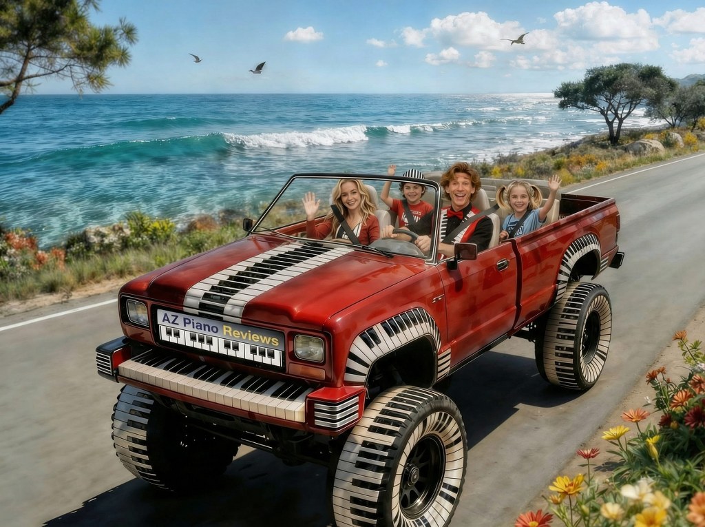 Keys Family in red truck driving in Florida Keys near the ocean