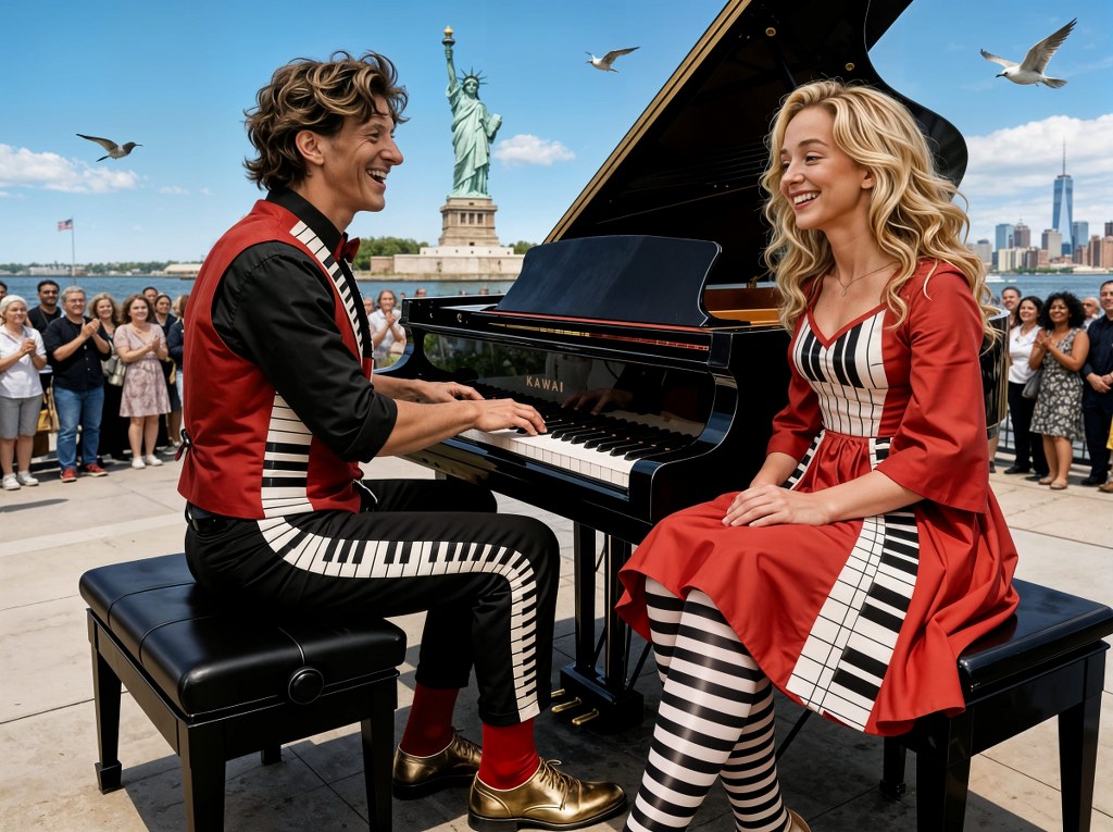 Kevin & Katie Keys playing piano near Statue of Liberty