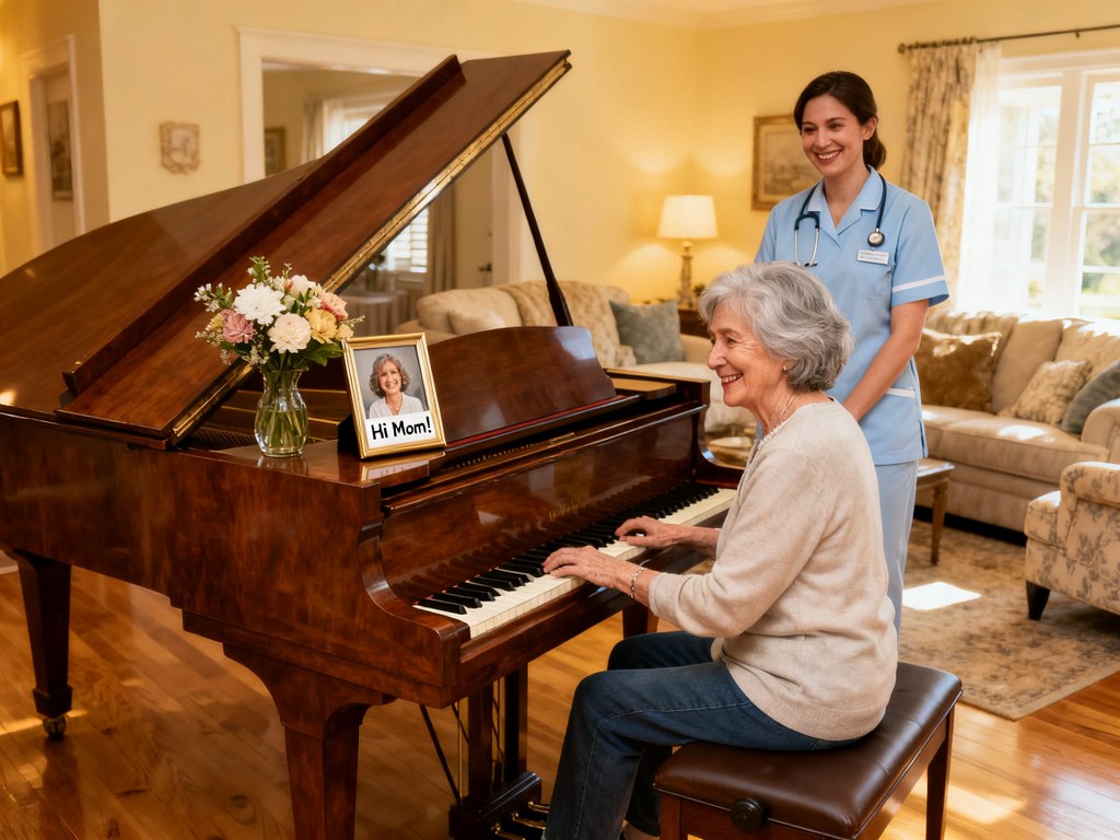 Older woman with dementia playing the piano