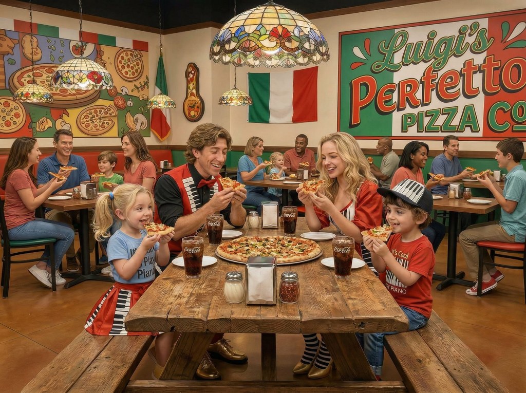 Keys family eating pizza 