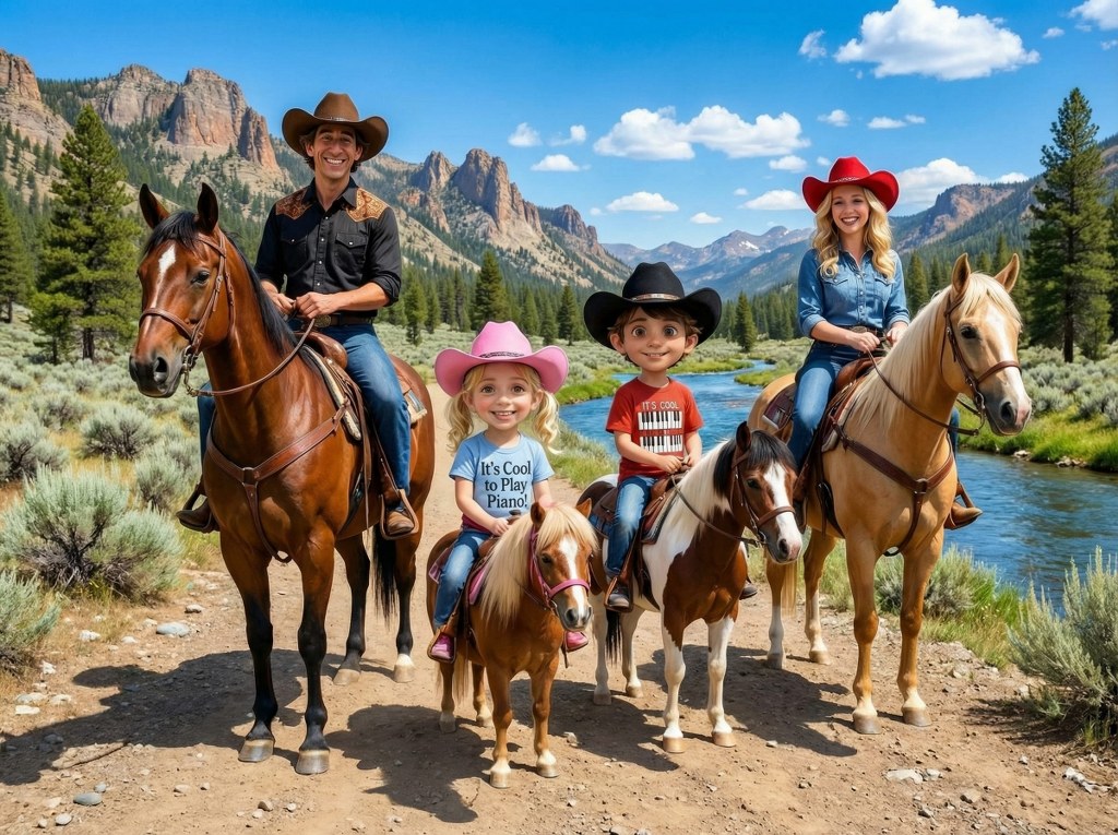 Keys family riding horses on private trail