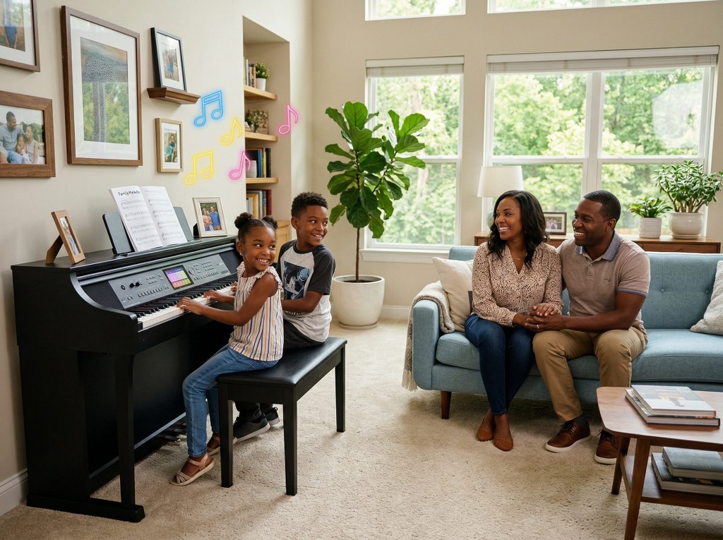Boy & Girl kids family - playing piano