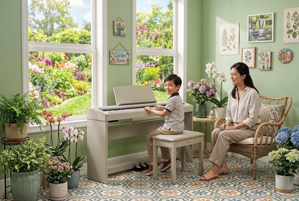 Boy playing Kawai ES120 with Mom watching