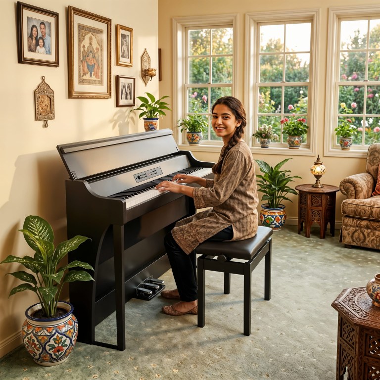 girl playing Korg g1 air