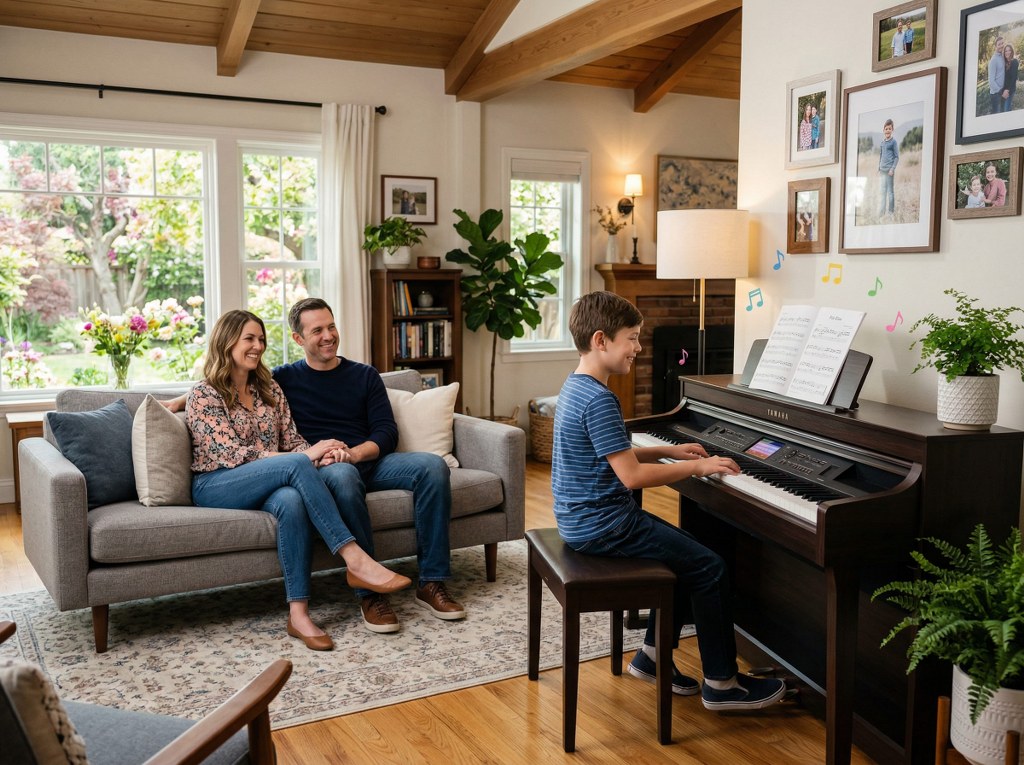piano boy playing piano - family