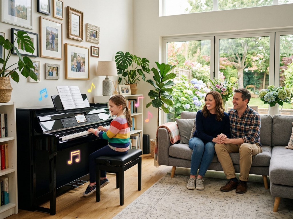 piano girl playing piano - family