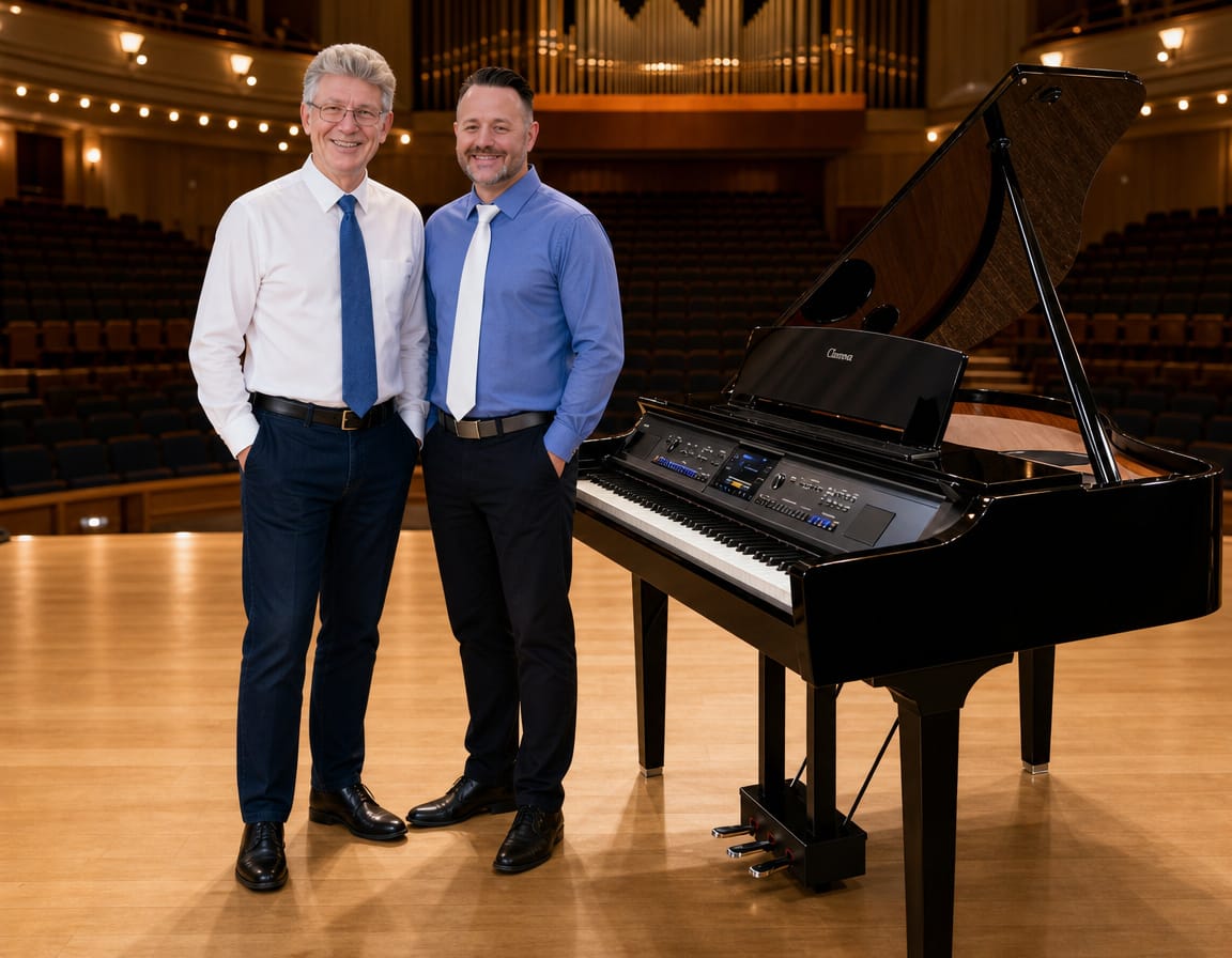 Tim & Erik Praskins in front of Yamaha CVP900 digital grand piano