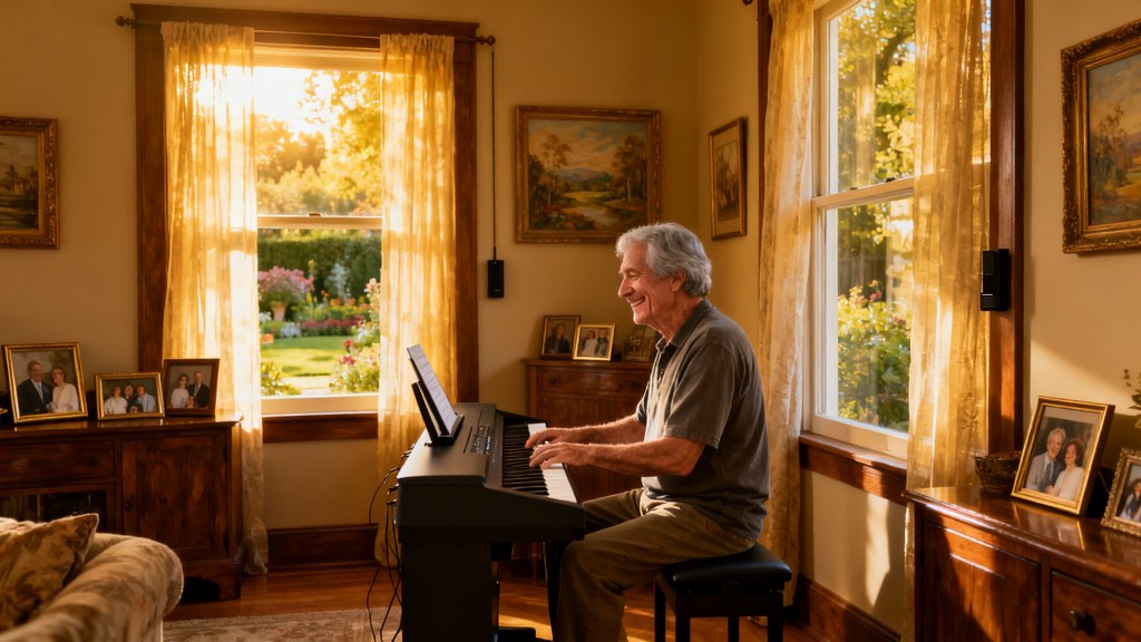 70 year old smiling man playing his digital piano at home