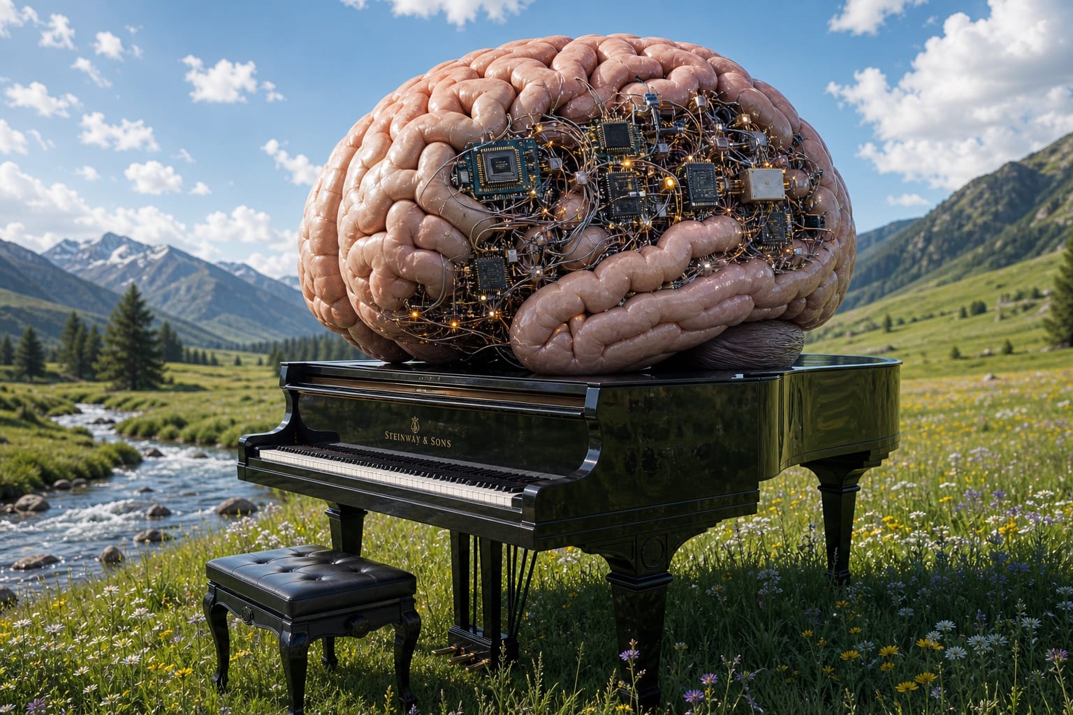 Human brain with computer parts inside. The brain is sitting on a grand piano