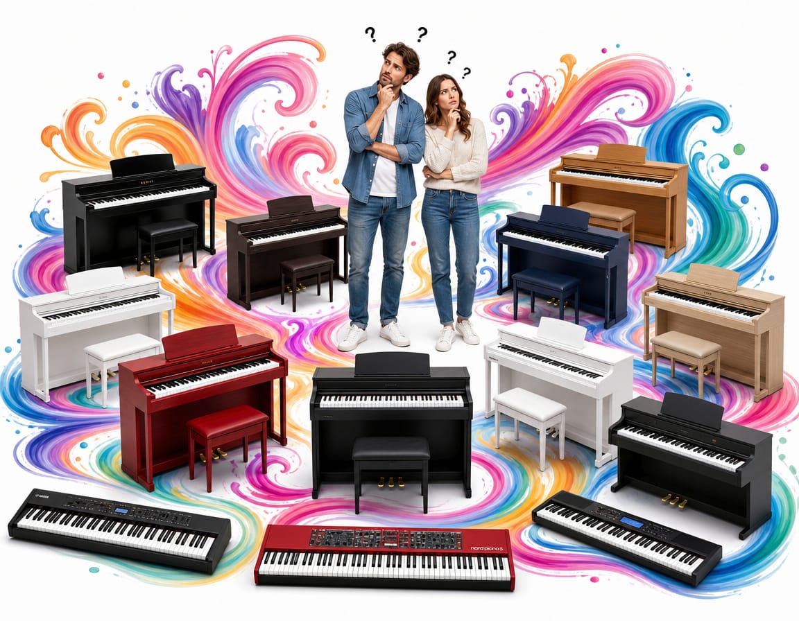 room full of digital pianos - with man & woman confused