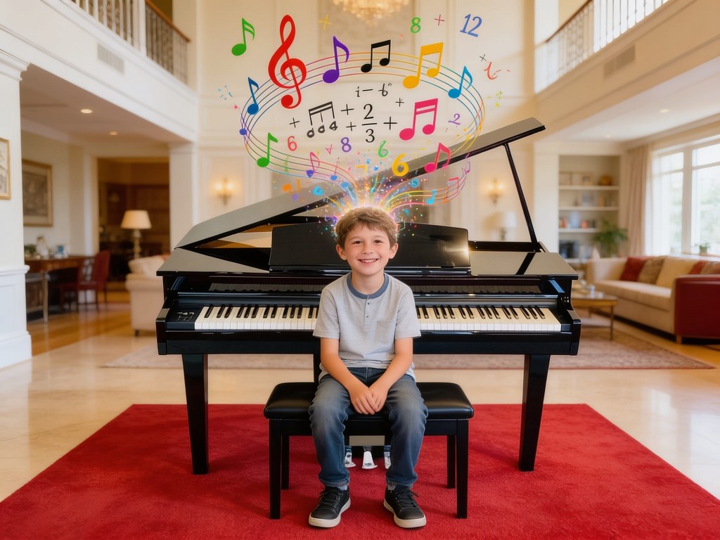 young boy sitting at piano