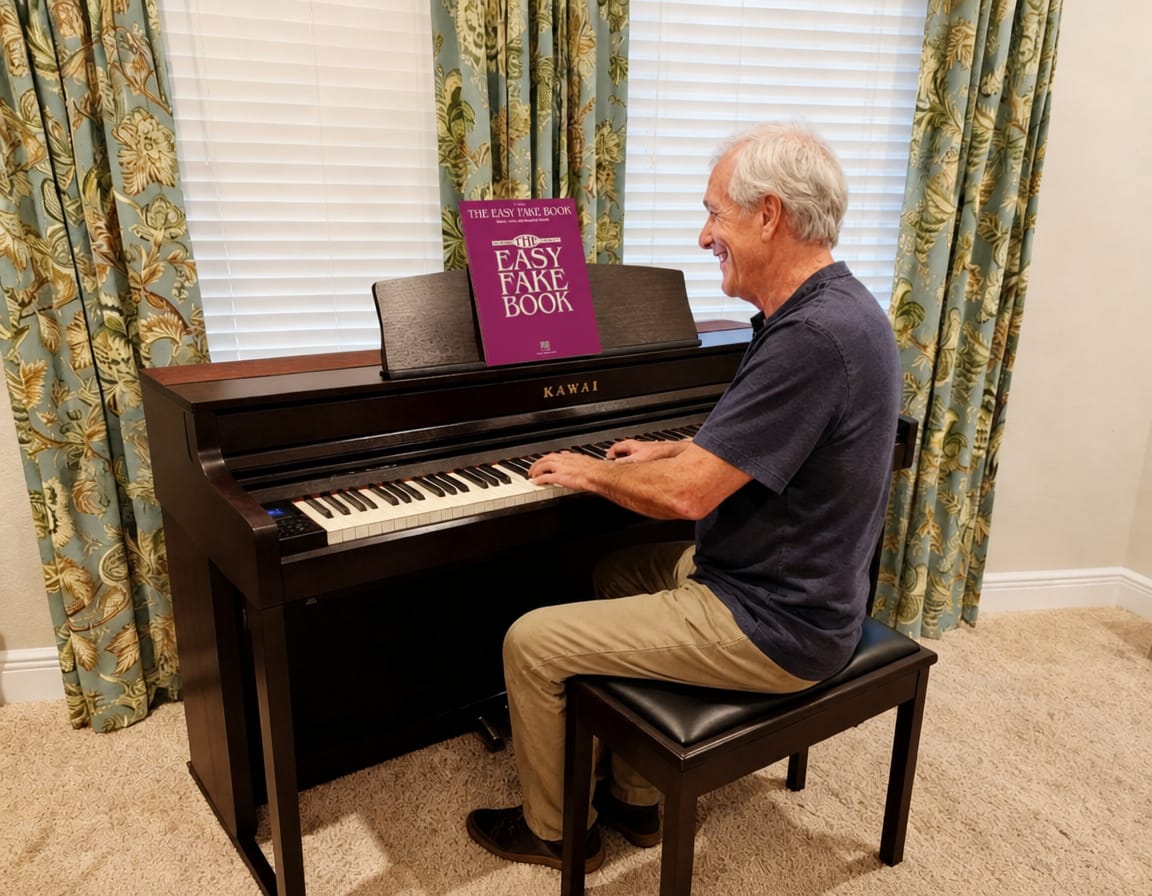 Fake Book on piano with man playing