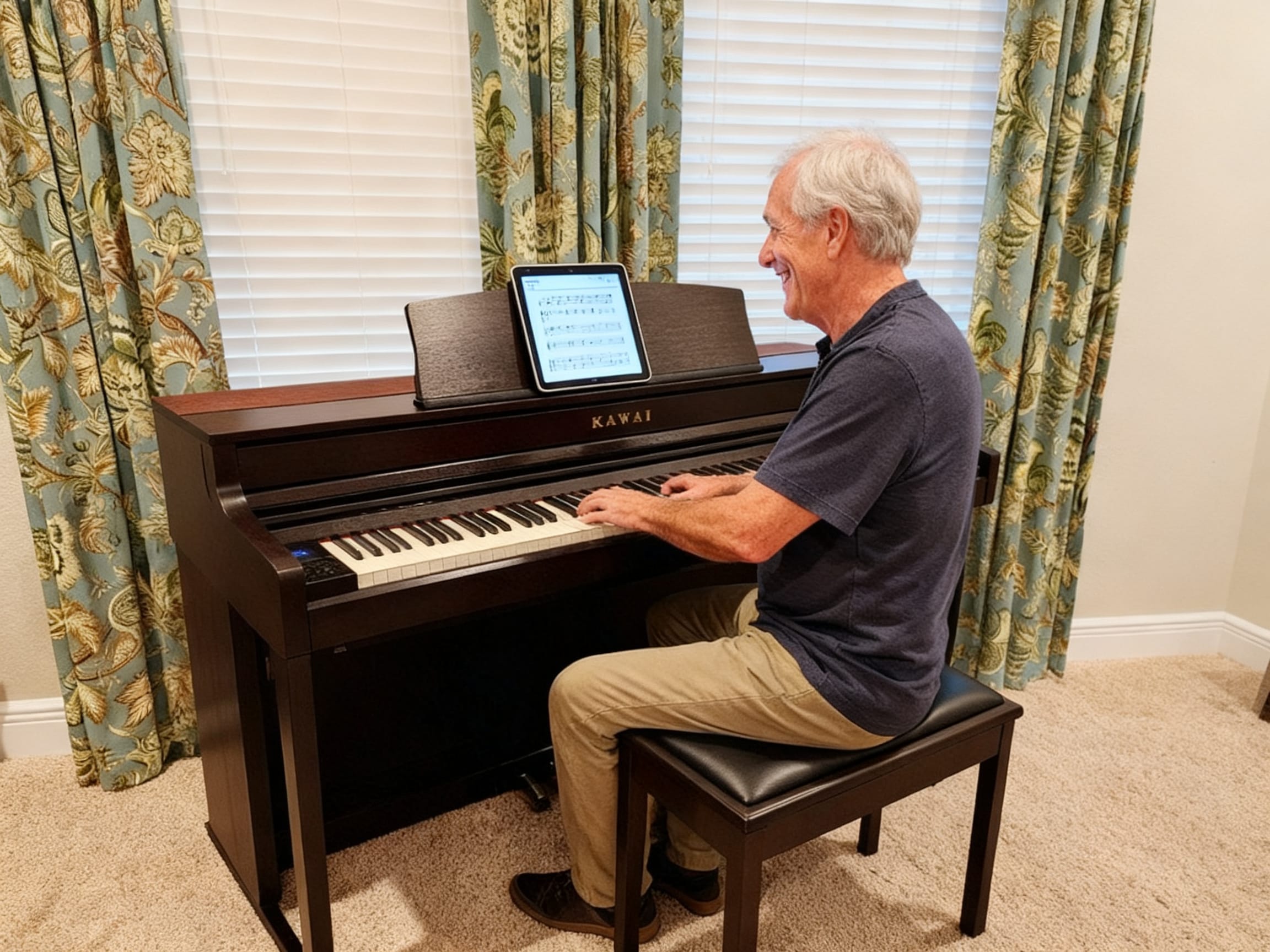 Man playing kawai ca501 digital piano wih iPad