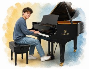 Young man playing Yamaha grand piano