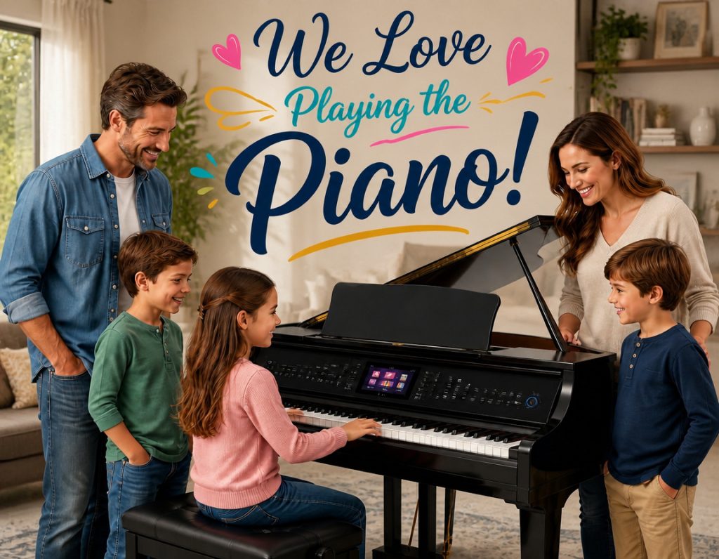 Family gathered around grand piano at home
