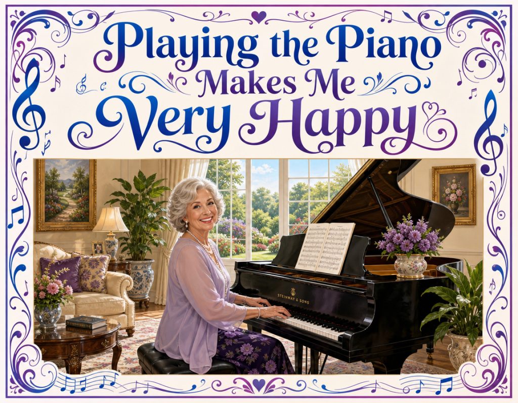 Older lady playing piano and expressing her feelings