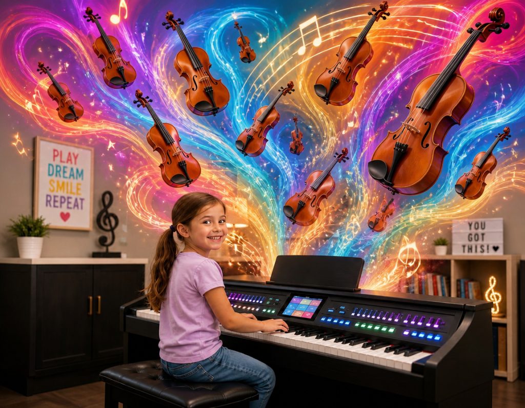 Young girl playing a good digital piano and hearing piano & strings together