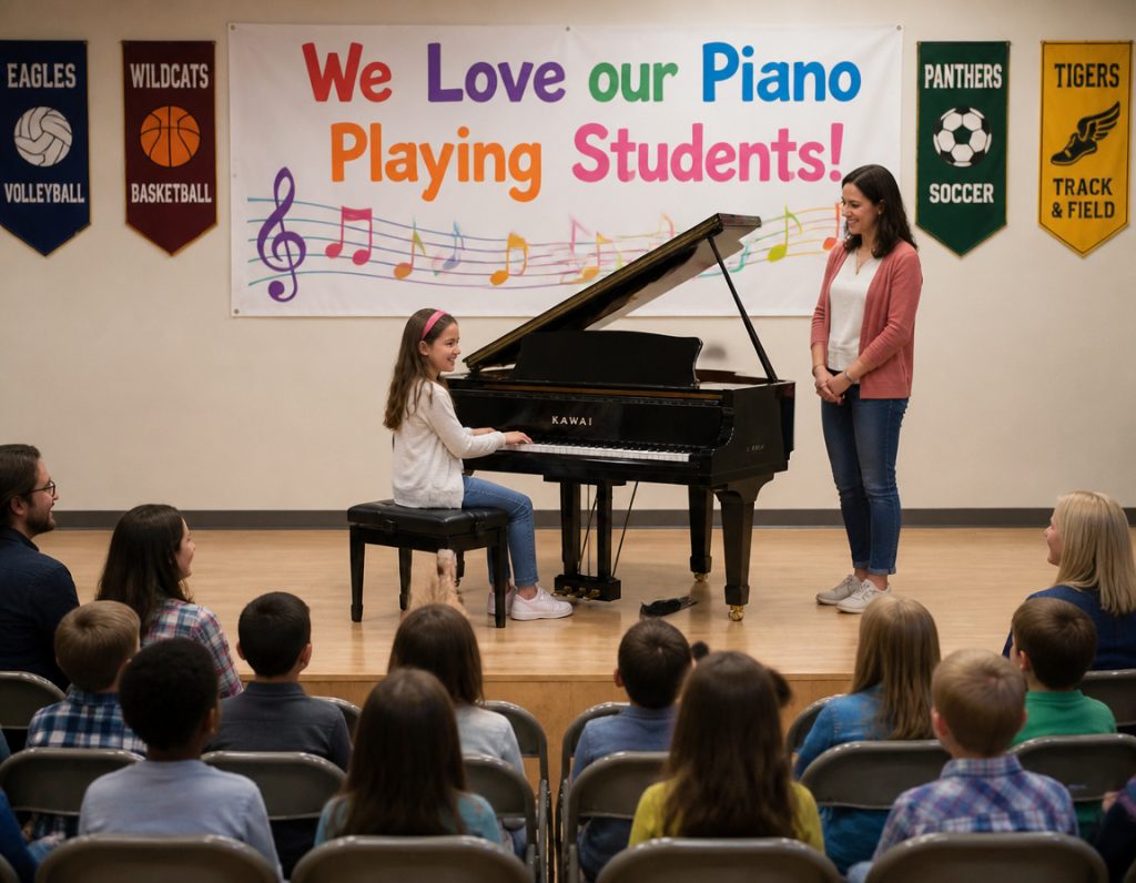 Young piano student playing piano recital at school